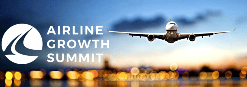 The Airline Growth Summit event logo & a plane landing on a runway